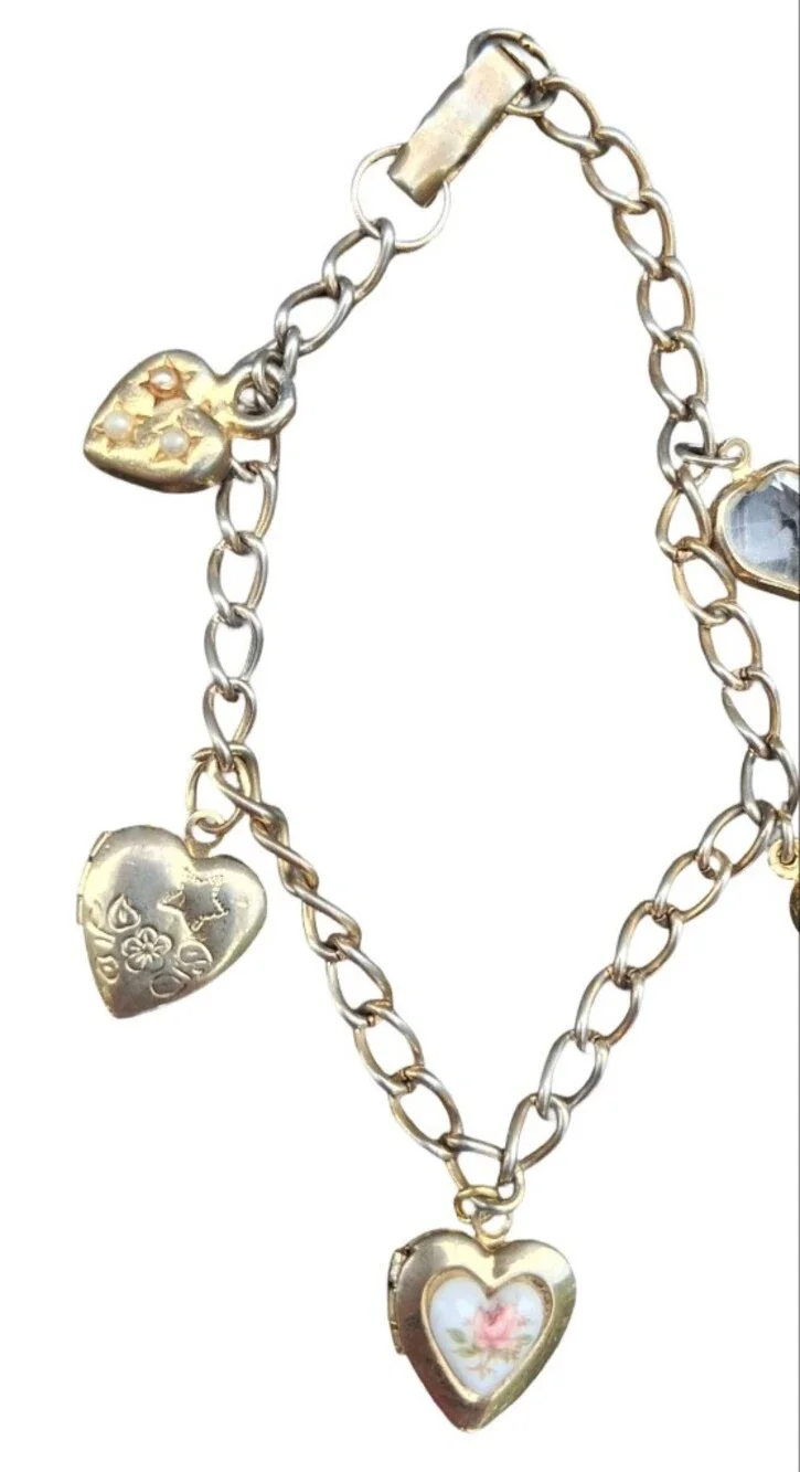 Vintage Heart Charm Bracelet Gold Tone Locket Rose Faux Pearl Rhinestone